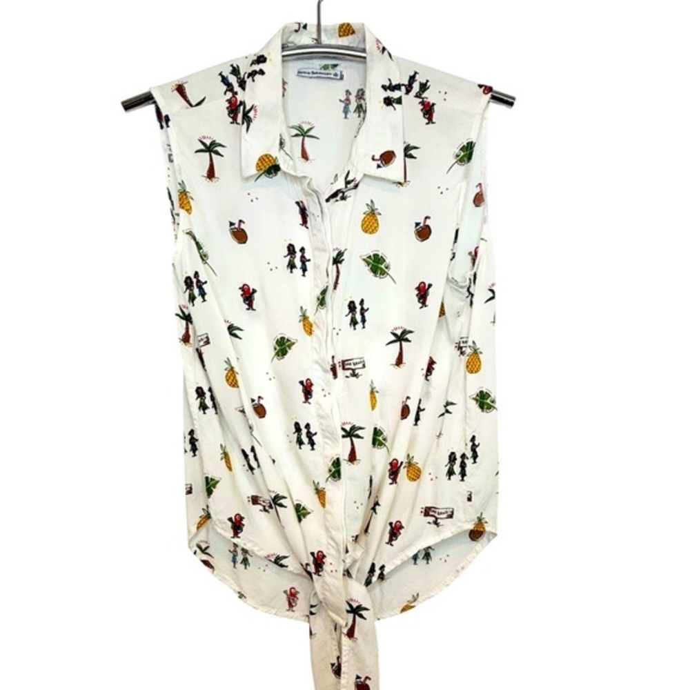 SERENE BOHEMIAN White Viscose Tropical Sleeveless Waist-Tie Blouse, Size M